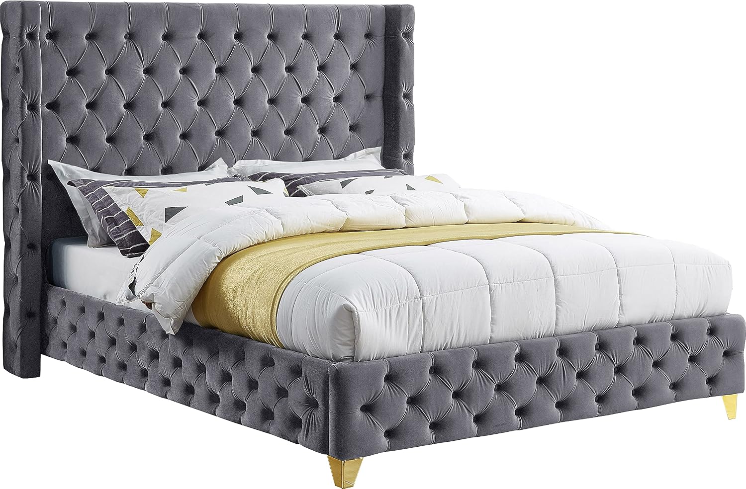 Meridian Furniture SavanGrey-K Savan Collection Modern | Contemporary Velvet Upholstered Bed with Deep Button Tufting in Gold or Chrome Finish, 88' W x 86' D x 56' H, Grey, King