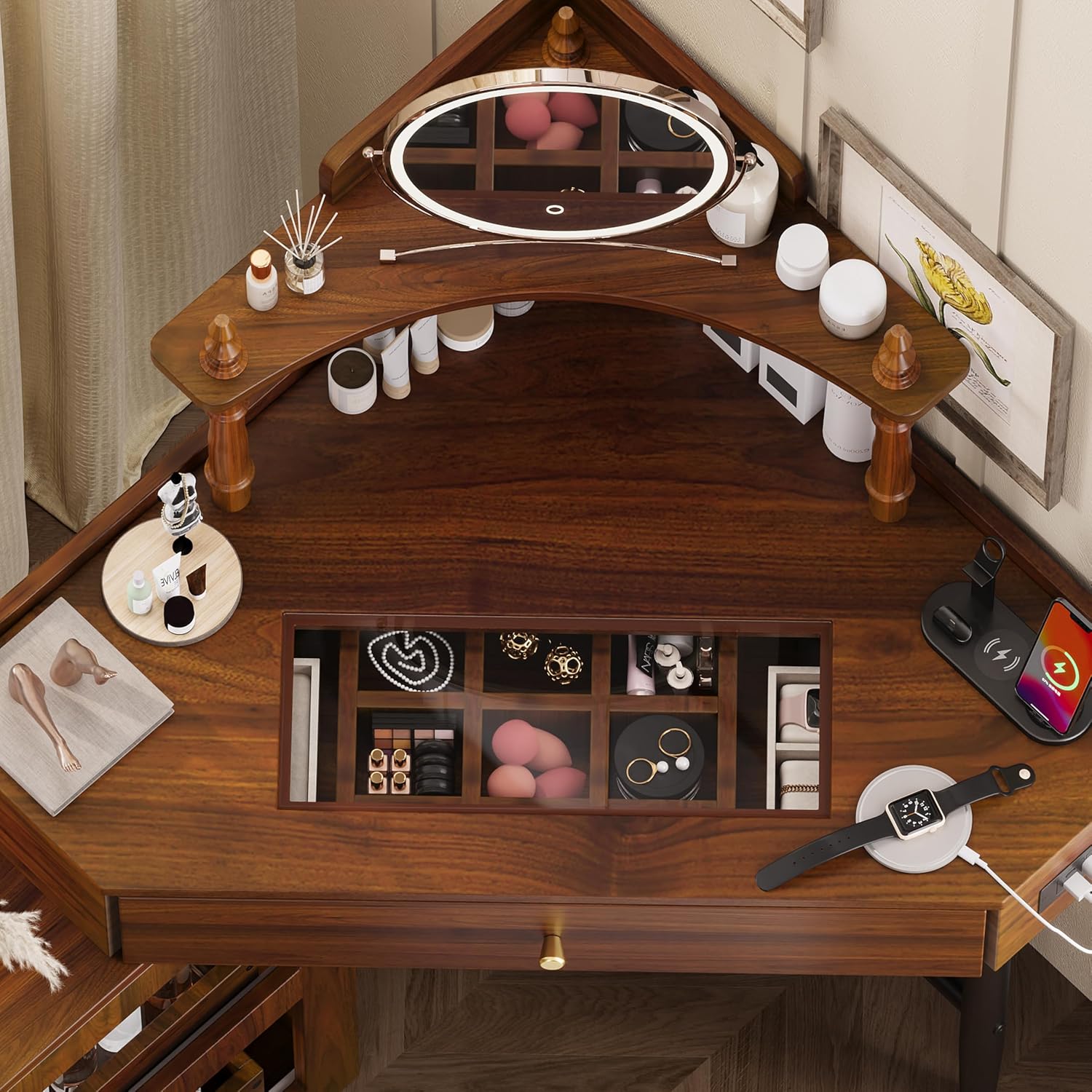 Corner Vanity Desk Set with Storage Cushioned Stool and Charging Station, Triangle Makeup Desk with Removable Pull Out Side Cabinet, Glass Tabletop Makeup Vanity Desk with Drawer and Shelf, Walnut