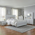 Furniture of America Silvia Glam Solid Wood 6-Piece Bedroom Set with Layered Frame Bed, Faux Crystal Trim LED on Nightstands, Chest and Dresser with Mirror, Box Spring Needed for Bedroom, King, Silver