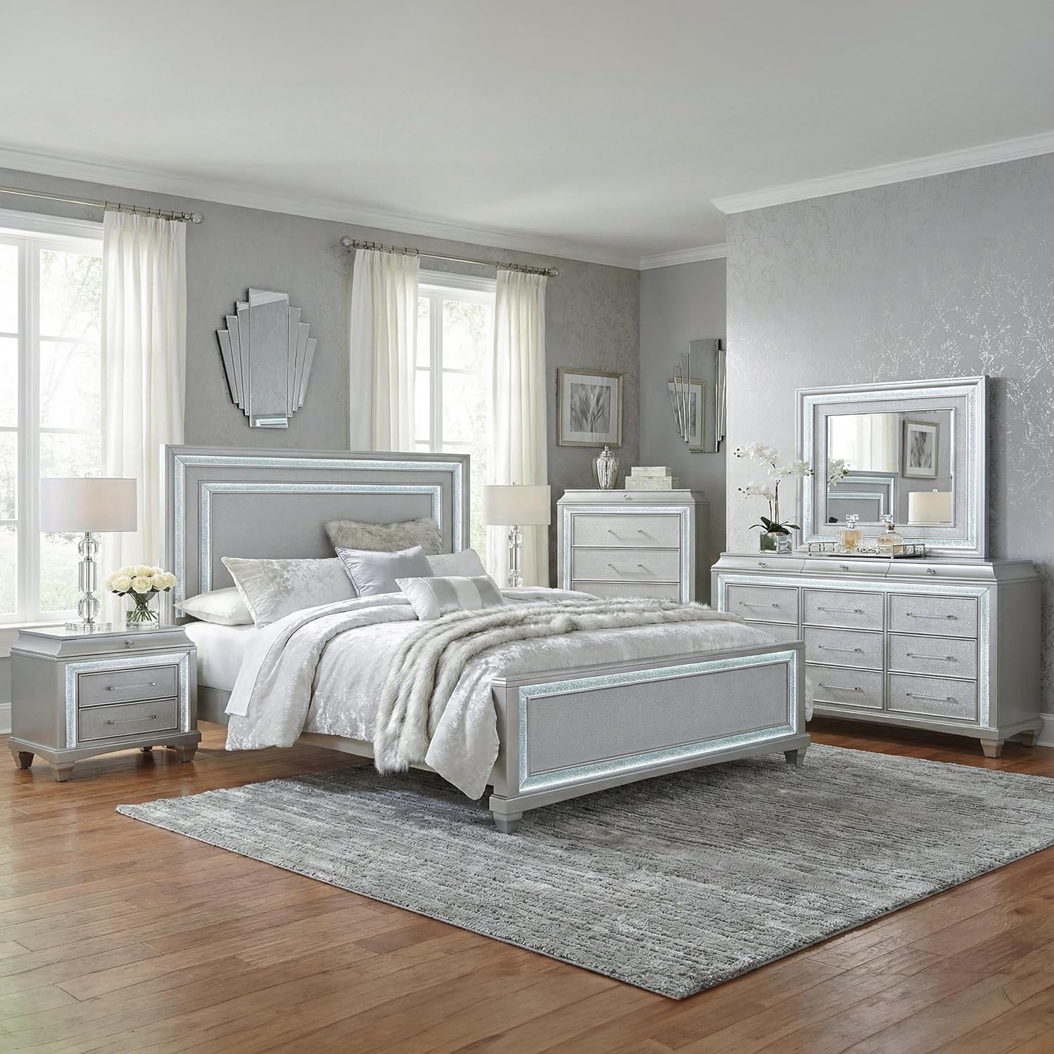 Furniture of America Silvia Glam Solid Wood 6-Piece Bedroom Set with Layered Frame Bed, Faux Crystal Trim LED on Nightstands, Chest and Dresser with Mirror, Box Spring Needed for Bedroom, King, Silver