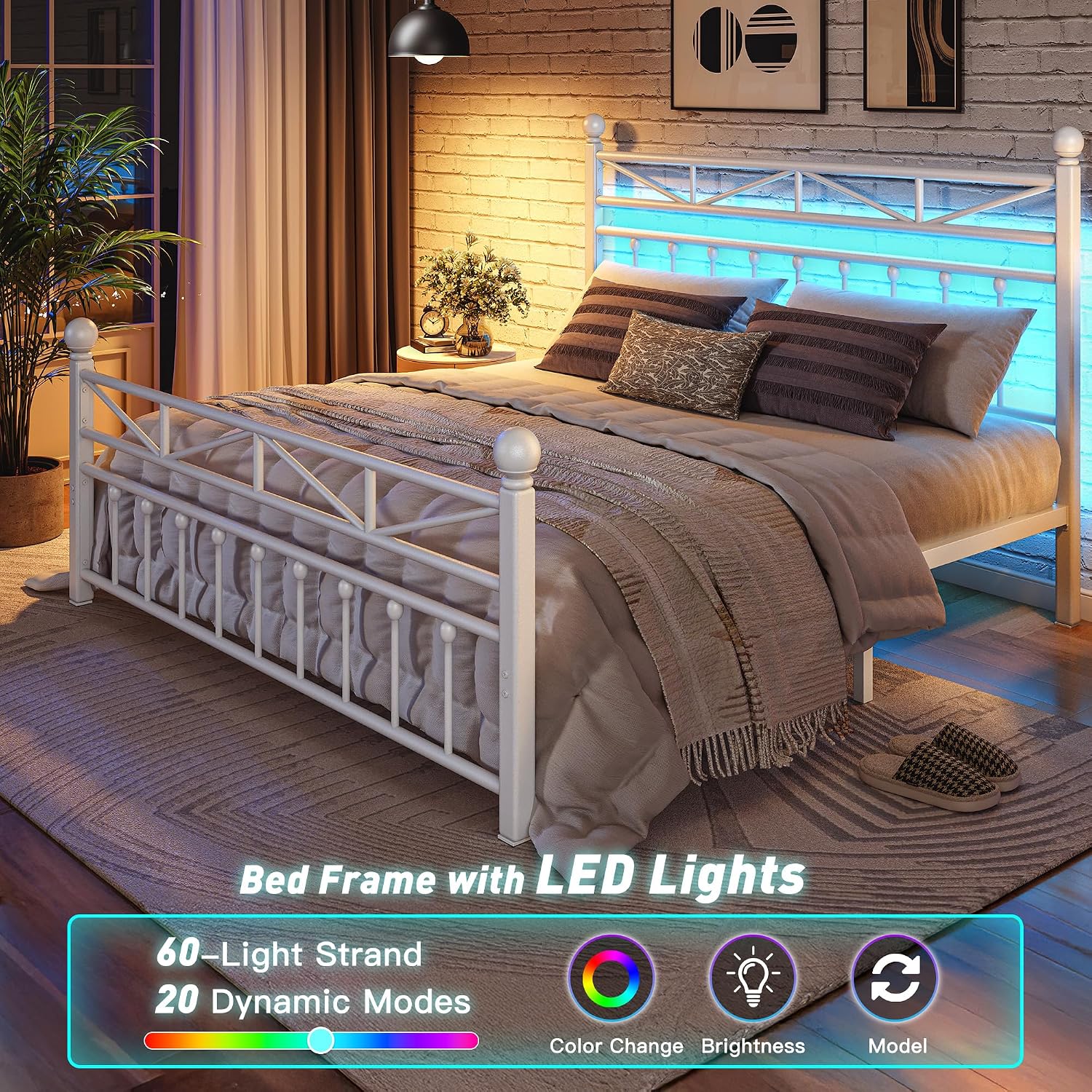 EnHomee 14.2' Metal Full Size Bed Frame with Tall Headboard & Footboard, LED Light Full Bed Frame, Strong Metal Slats Support and Noise-Free Design with Under Bed Storage/No Box Spring Needed/White