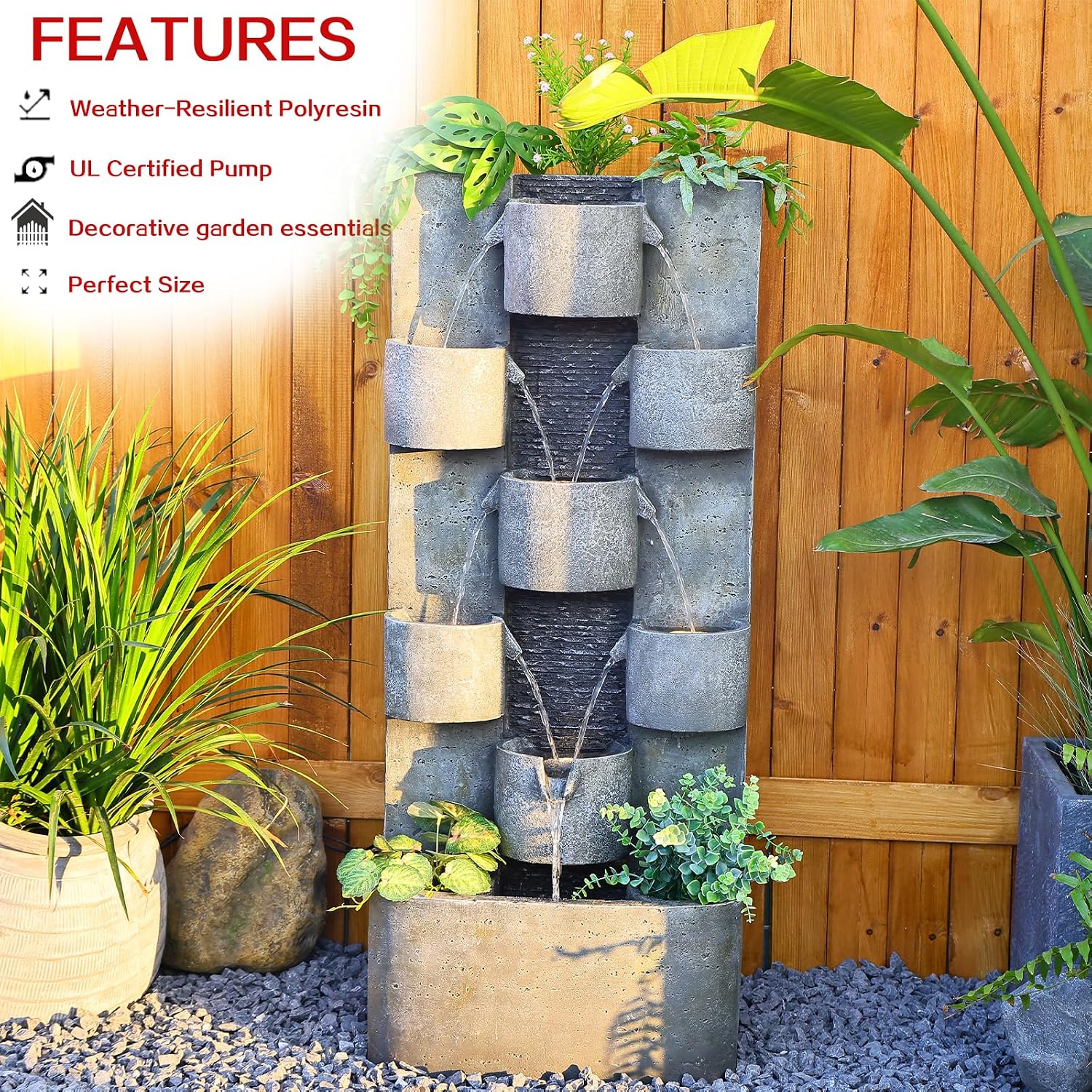 Tankana Outdoor Water Fountain Garden - Waterfall Large Water Feature Fountains with LED Lights & Pump, Concrete Artistry for Patio Yard Pool Home Decor, (45 inches Tall, Gray)