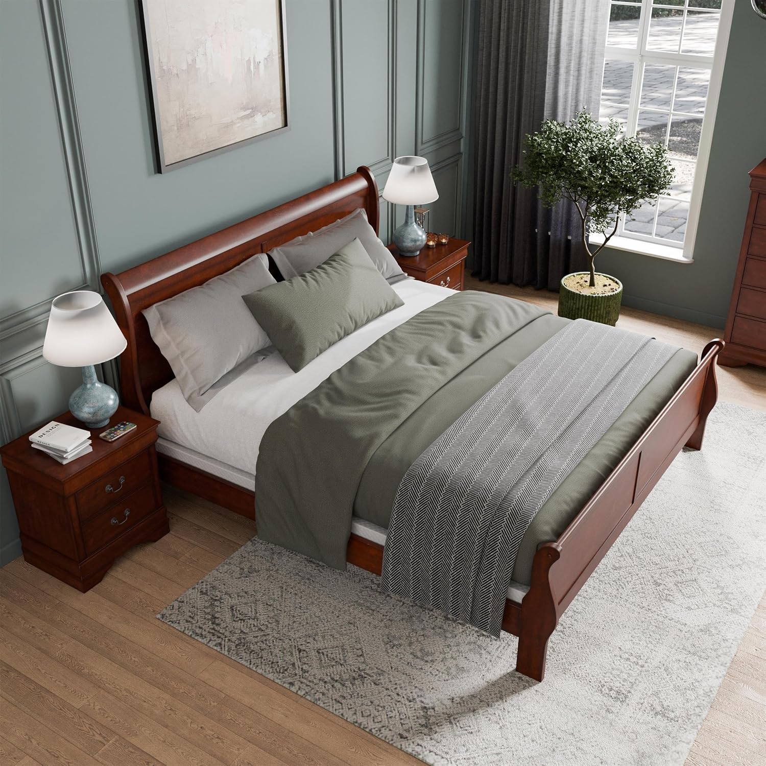Furniture of America Arabella Traditional Solid Wood 3 Piece Bedroom Set, King Bed Frame and Nightstands Set of 2, Chic Sleigh Design Bedframe with Headboard and Footboard, Box Spring Needed, Cherry