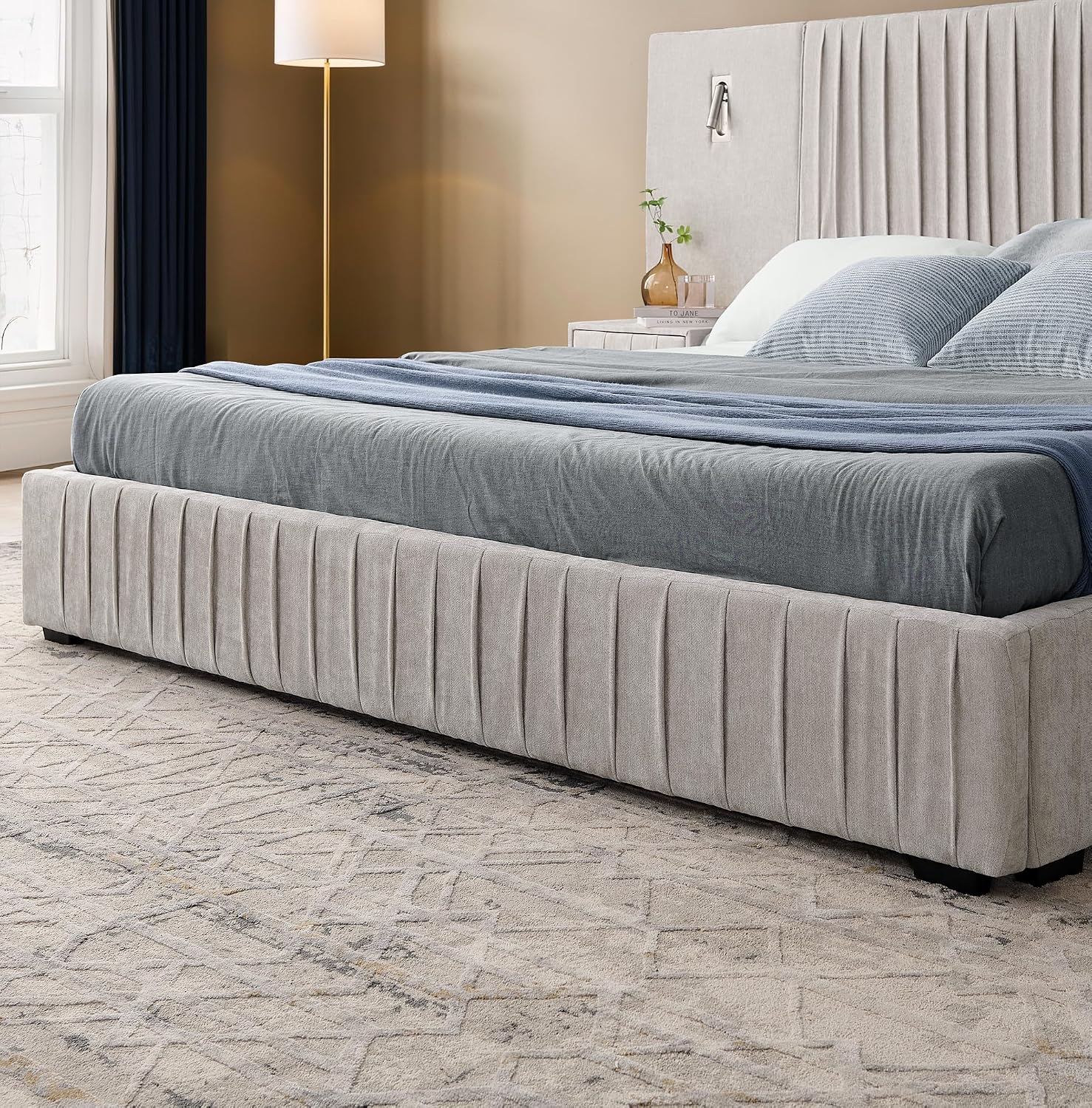 Queen Size Upholstered Platform Bed Frame with Headboard & Built-in Nightstand, Luxury Bed Frame for Modern Bedroom Sets, No Box Spring Needed, Stable & Adjustable Lighting(Beige)