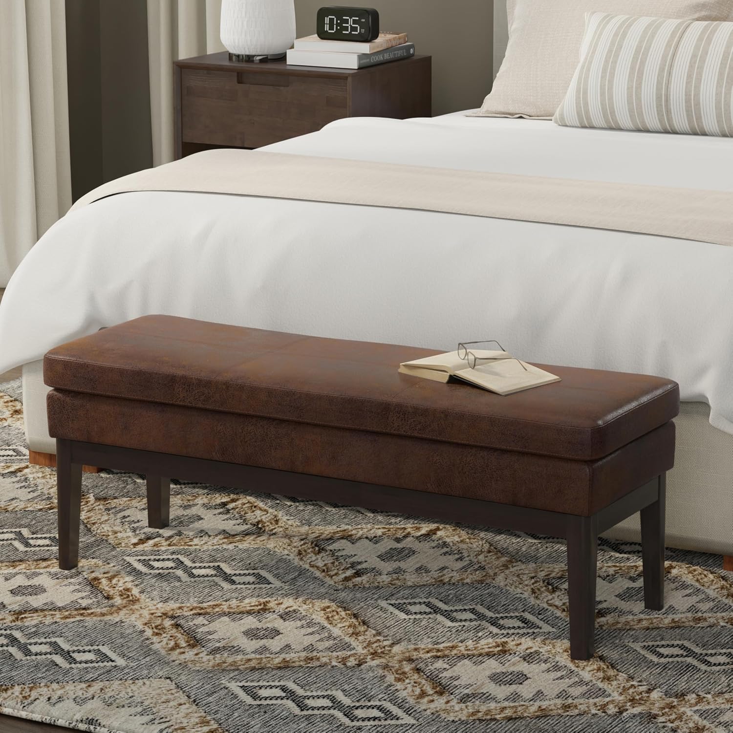 SIMPLIHOME Carlson Ottoman Bench - 45 inch Wide Upholstered Vegan Leather Rectangle Ottoman in Distressed Chestnut Brown, Mid Century Modern Bench for Bedroom or Living Room with Padded Seat