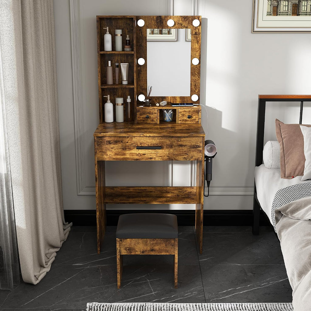 Runboll Small Vanity Desk with Mirror and Lights, Compact Makeup Vanity with Power Strip & Hairdryer Holder, Dressing Table Set with Stool, Drawers & Shelves