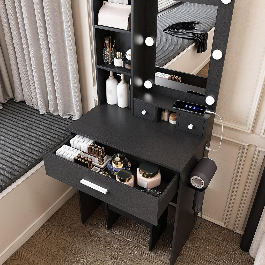 Runboll Small Vanity Desk with Mirror and Lights, Compact Makeup Vanity with Power Strip & Hairdryer Holder, Dressing Table Set with Stool, Drawers & Shelves