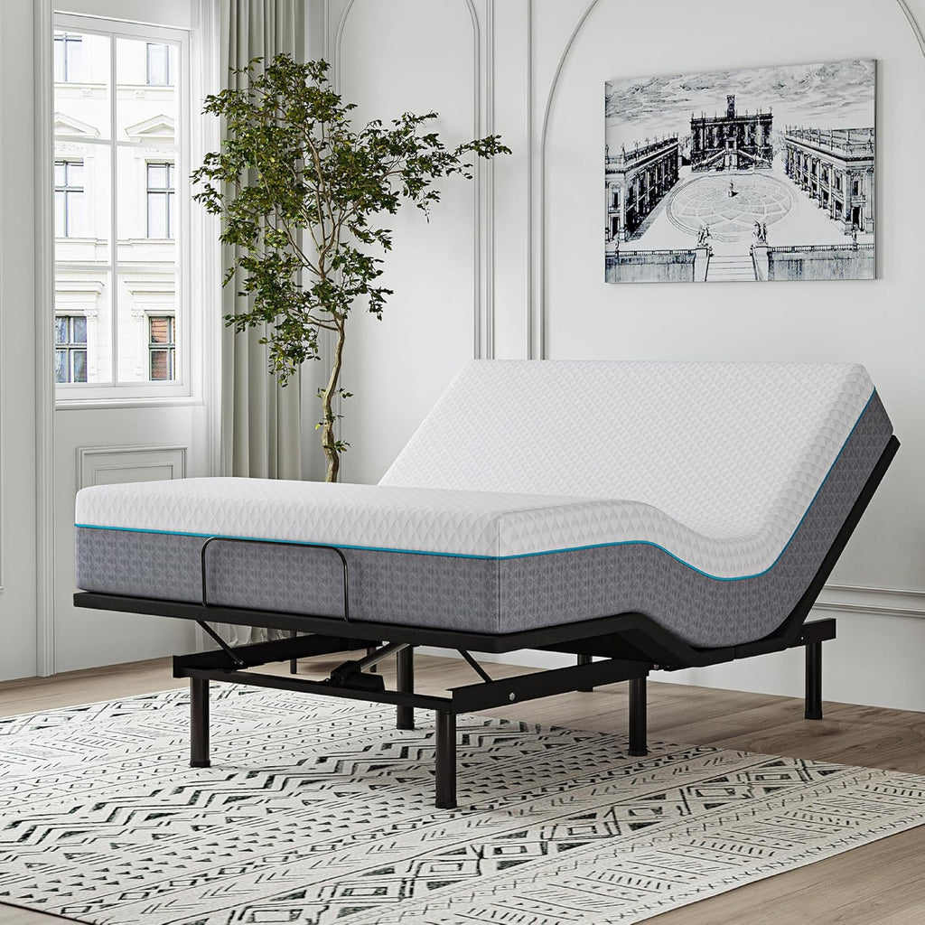 EGOHOME Adjustable Bed Frame Queen and 14 inch Charcoal Gel Memory Foam Mattress Set for Pain Relief, Metal Foldable Bed Base with Remote for Independent Head and Foot Incline, Zero Gravity Mode