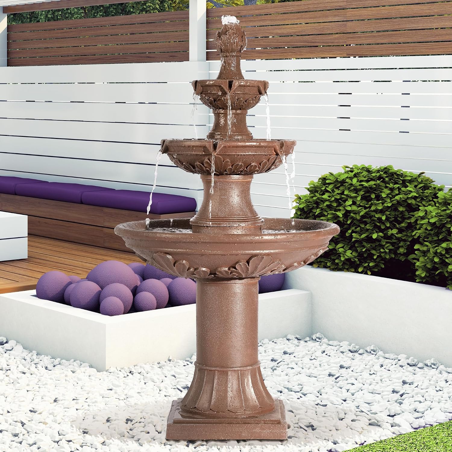TITIMO 48' High Italian Feature Freestanding Water Fountain Outdoor and Indoor,3-Tier Roman Pillar Waterfalls Fountains for Garden,Patio,Yard,Deck,Backyard,Porch (Brown)