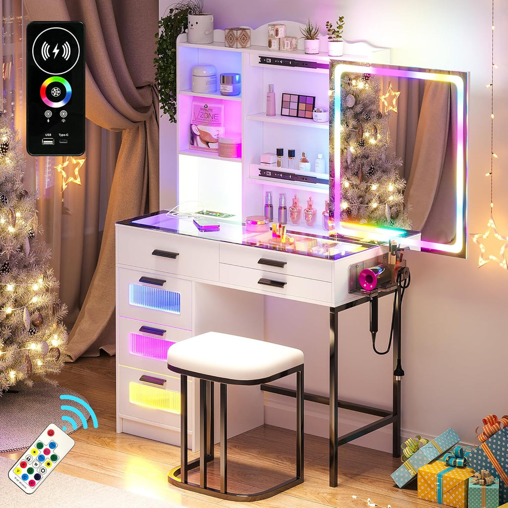 WOOVIVS Glass Top Vanity with LED Mirror, 6 Drawer Dresser with Charging Station for Bedroom, Small Makeup Vanitys Table with RGB Light, Vanity Set with Chair,Jewelry Organizer for Girls-White