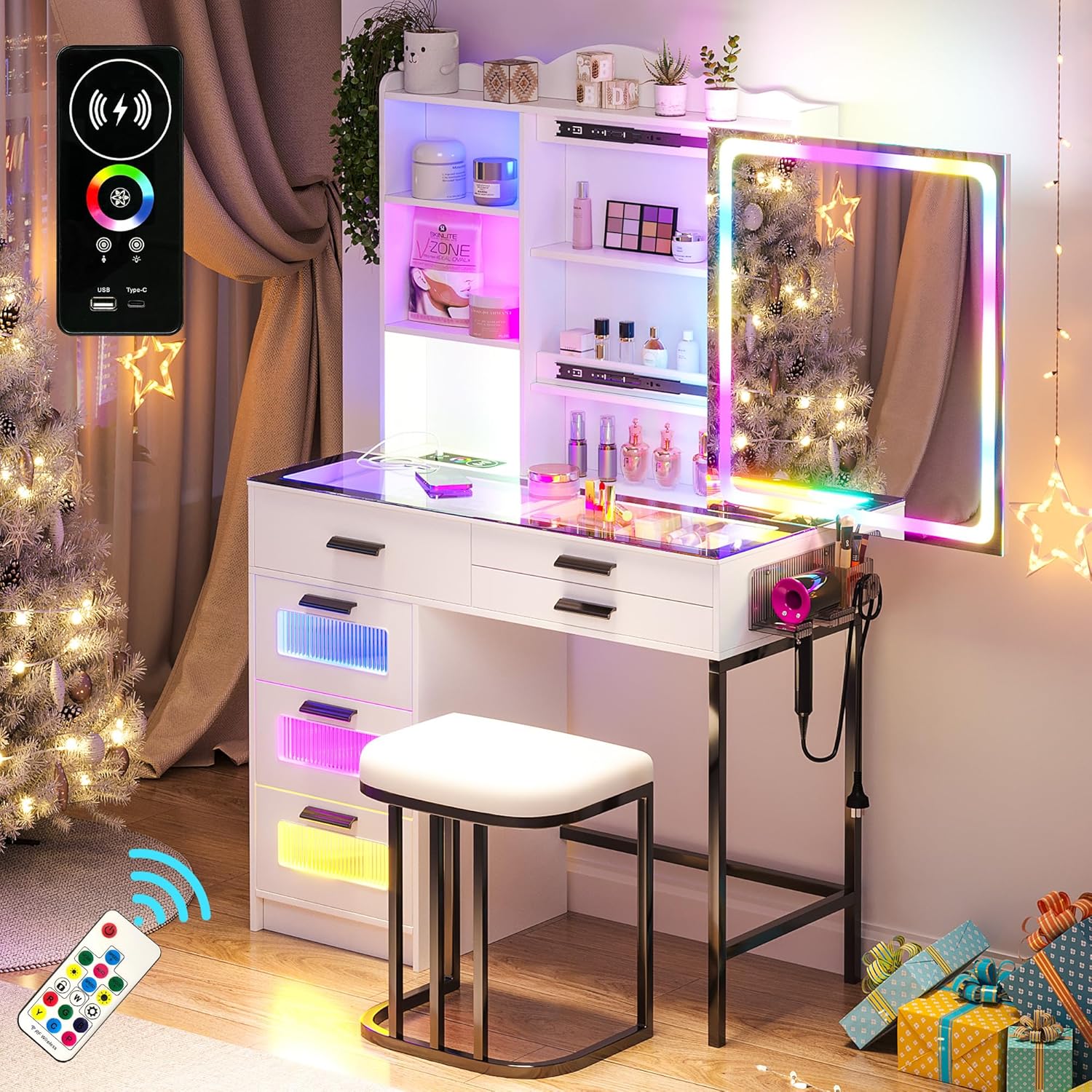 WOOVIVS Glass Top Vanity with LED Mirror, 6 Drawer Dresser with Charging Station for Bedroom, Small Makeup Vanitys Table with RGB Light, Vanity Set with Chair,Jewelry Organizer for Girls-White