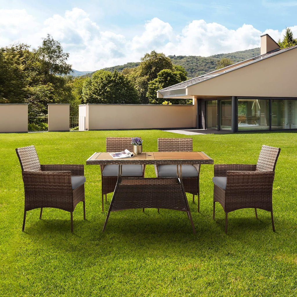 Teamson Home Outdoor 5-Piece PE Rattan and Acacia Wood Patio Dining Set with Four Chairs and Table, Brown