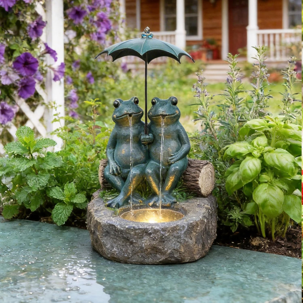 21' Frog Outdoor Water Fountain with LED Lights, Whimsical Resin Tabletop Waterfall Fountain Under Umbrella, Soothing Zen Garden Decor for Patio, Yard, Porch & Deck, Faux Bronze