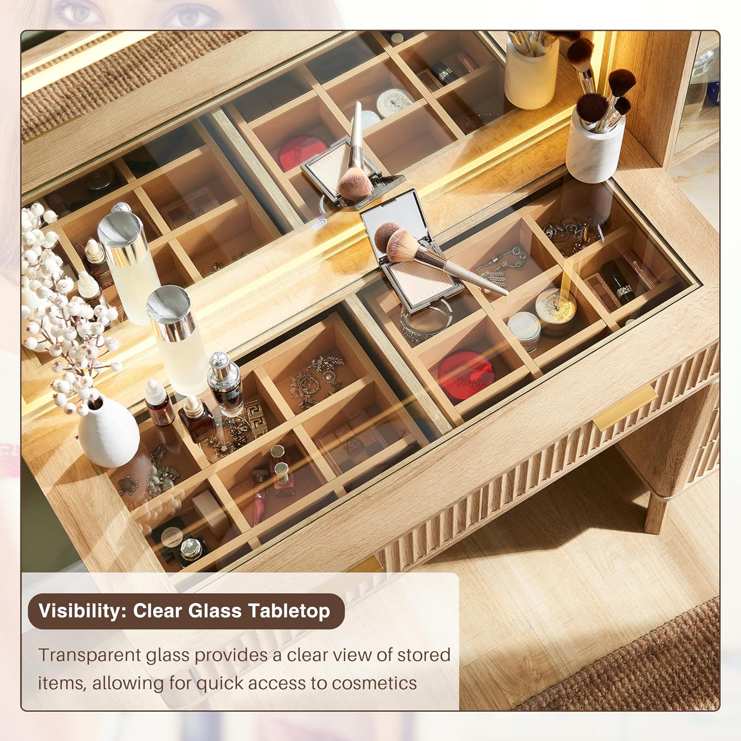 T4TREAM 48' Fluted Makeup Vanity Desk with Large 36' Mirror and Lights, Modern Glass Top Big Vanity Table with 5 Drawers & Adjustable Shelves, Dressing Table Set w/Charging Station for Bedroom, Oak