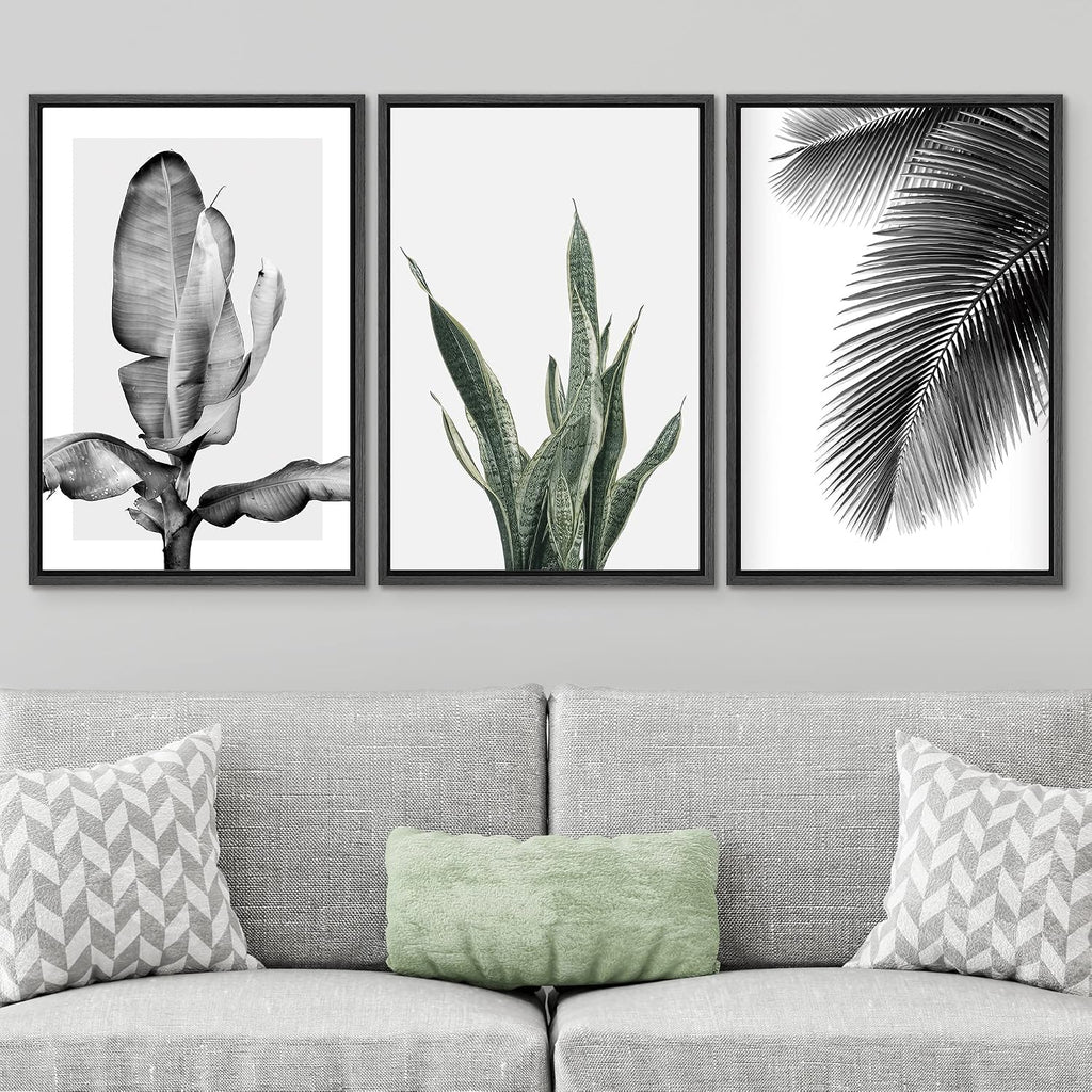 SIGNWIN Framed Canvas Print Wall Art Trio of Jungle Palms & Snake Succulents Floral Plants Photography Modern Art Minimalist Black and White for Living Room, Bedroom, Office - 24'x36'x3 Black
