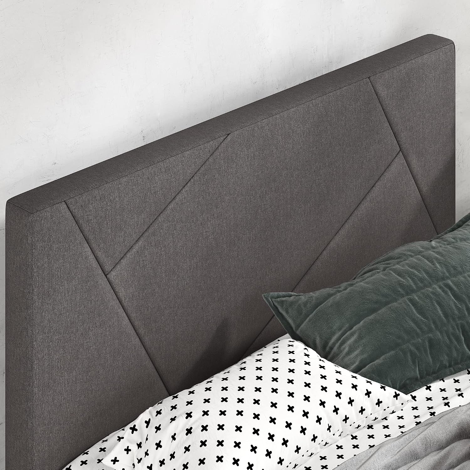Zinus Judy Upholstered Platform Bed Frame, Mattress Foundation, Wood Slat Support, No Box Spring Needed, Easy Assembly, Queen