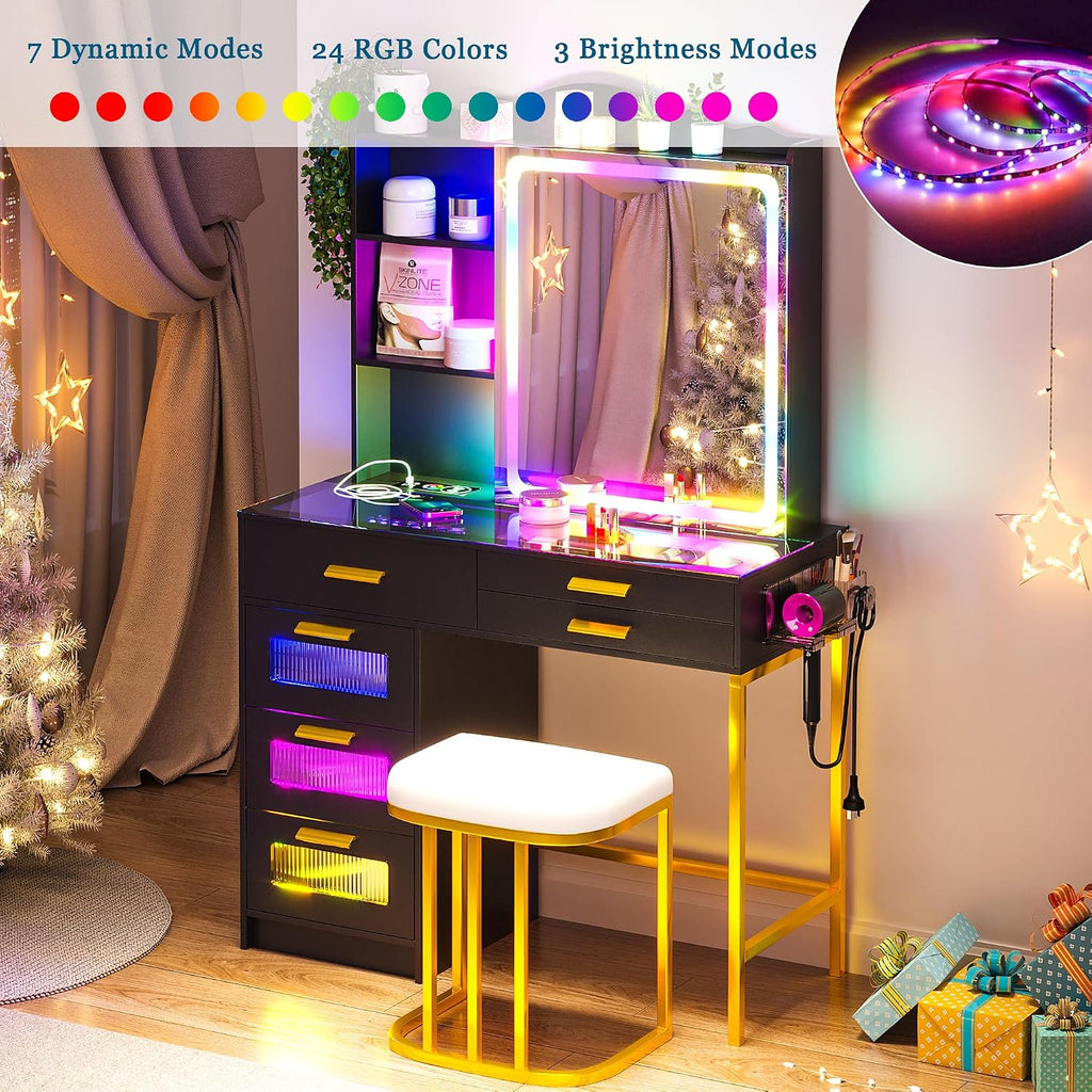 WOOVIVS Vanity with LED Mirror, Makeup Desk with Charging Station for Bedroom, Vanities with RGB Lights, Glass Top Vanity Set with Stool,6 Drawers Dressing Table for Girls-Black