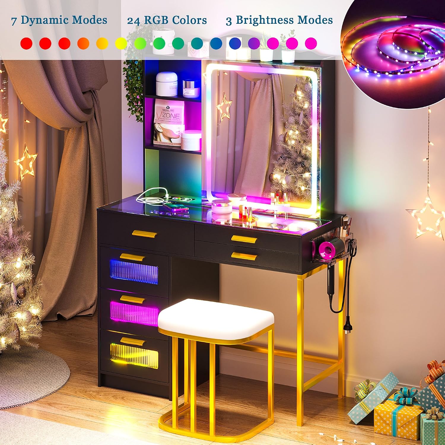 WOOVIVS Vanity with LED Mirror, Makeup Desk with Charging Station for Bedroom, Vanities with RGB Lights, Glass Top Vanity Set with Stool,6 Drawers Dressing Table for Girls-Black