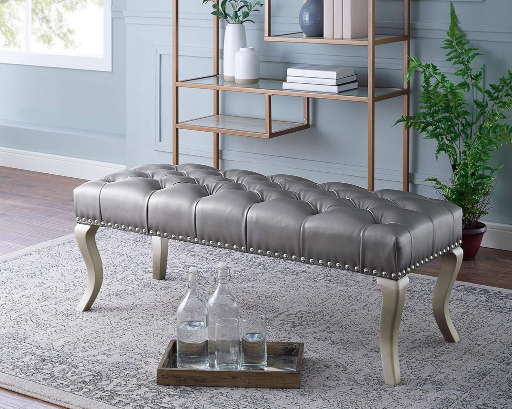 Roundhill Furniture Maxem Tufted Faux Leather Upholstered Seat with Nailhead Trim Bench, Champagne