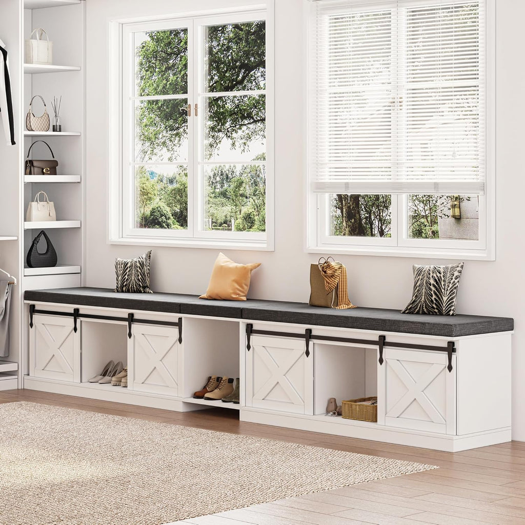 Farmhouse L Shaped Corner Shoe Storage Bench, Corner Bench with Cushion and Sliding Barn Door, 63' Breakfast Nook Benches with Hidden Storage for Entryway, Dining Room, Hallway