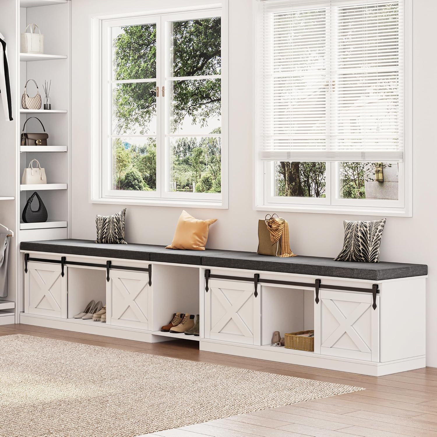 Farmhouse L Shaped Corner Shoe Storage Bench, Corner Bench with Cushion and Sliding Barn Door, 63' Breakfast Nook Benches with Hidden Storage for Entryway, Dining Room, Hallway