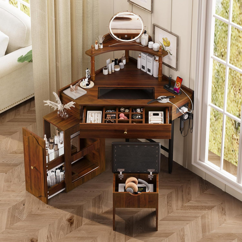 Corner Vanity Desk Set with Storage Cushioned Stool and Charging Station, Triangle Makeup Desk with Removable Pull Out Side Cabinet, Glass Tabletop Makeup Vanity Desk with Drawer and Shelf, Walnut