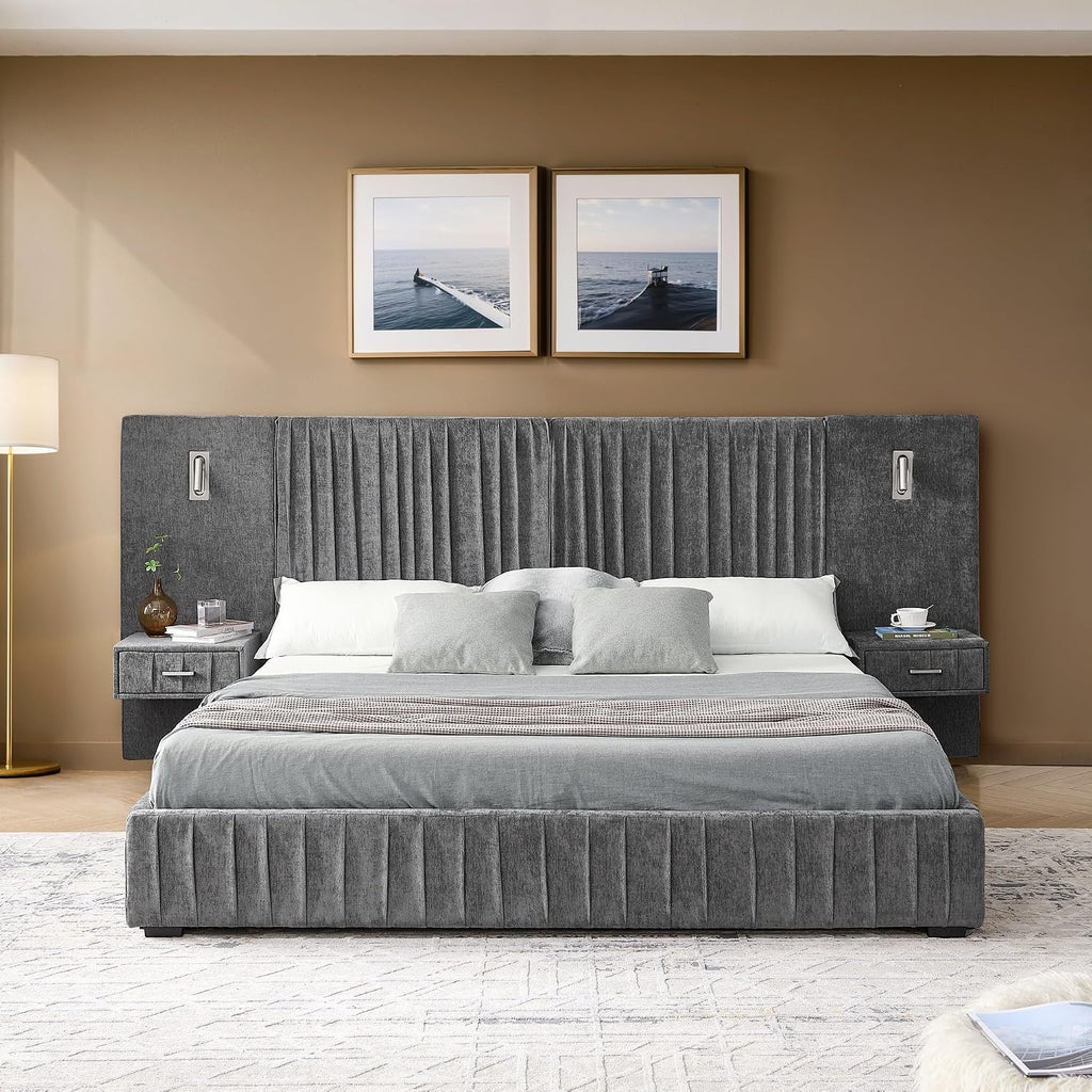 Queen Size Upholstered Platform Bed Frame with Headboard & Built-in Nightstand, Luxury Bed Frame for Modern Bedroom Sets, No Box Spring Needed, Stable & Adjustable Lighting(Dark Grey)