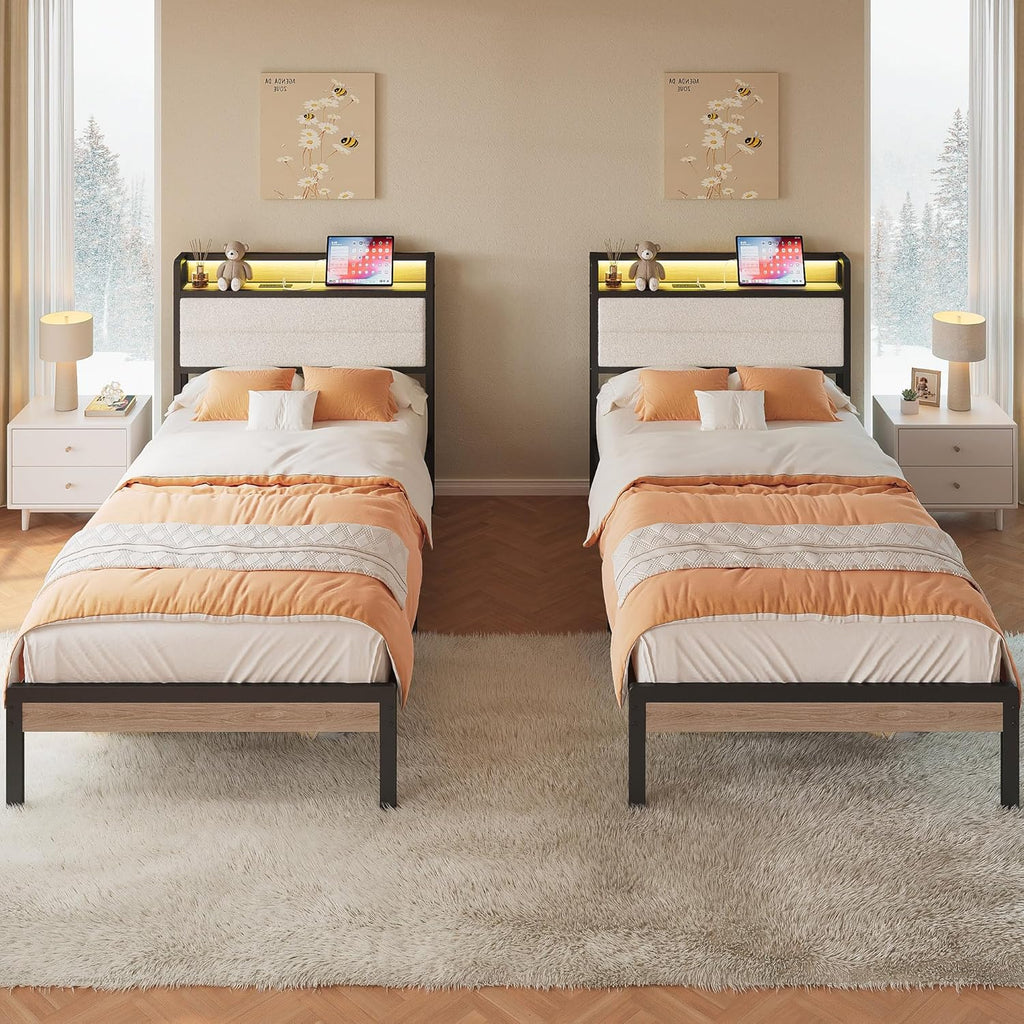 LIKIMIO Twin XL Bed Frame with Storage Headboard and LED Lights, Metal Platform Bed with Charging Station, Noise Free, No Box Spring Needed, Under Bed Storage, Natural and Cream