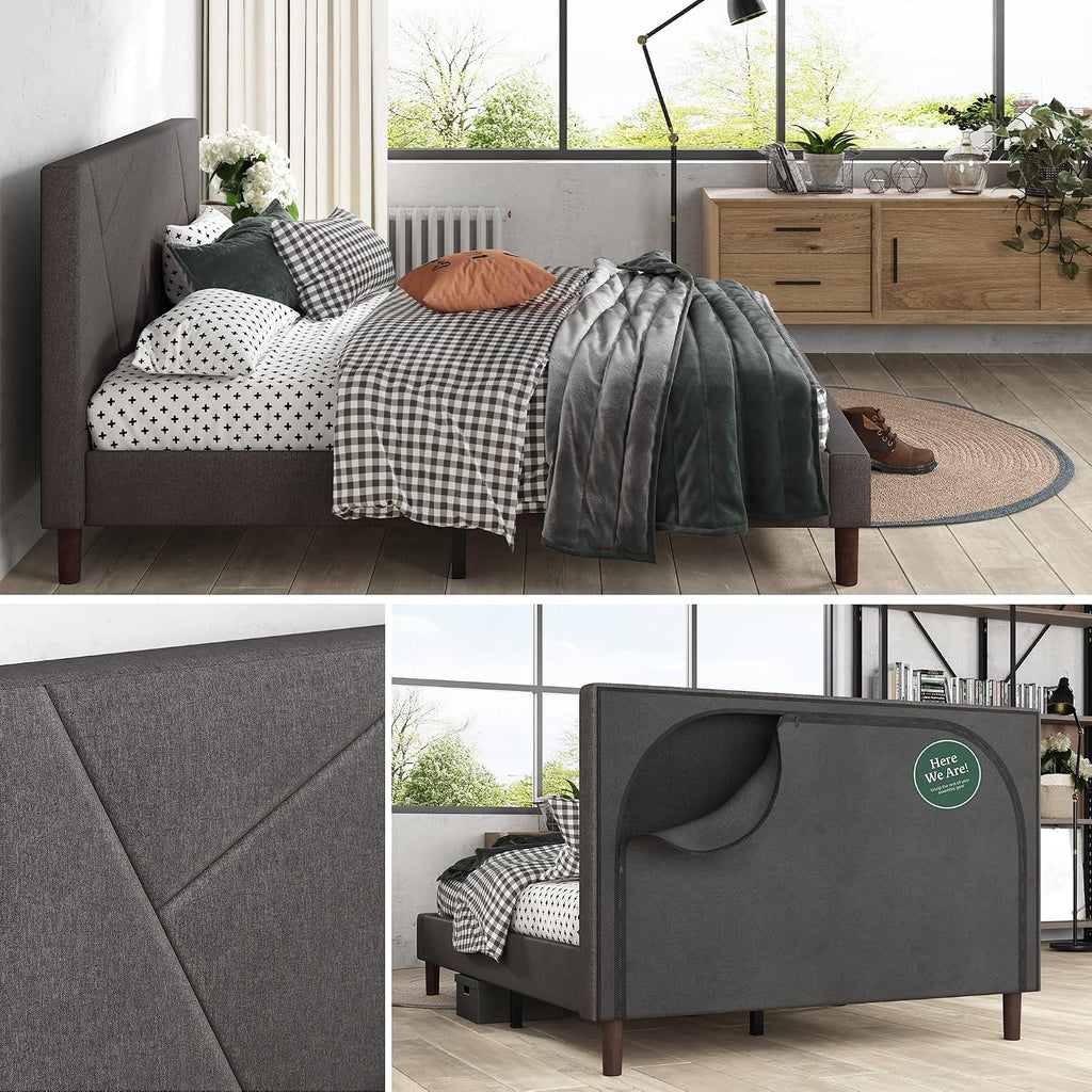 Zinus Judy Upholstered Platform Bed Frame, Mattress Foundation, Wood Slat Support, No Box Spring Needed, Easy Assembly, Queen