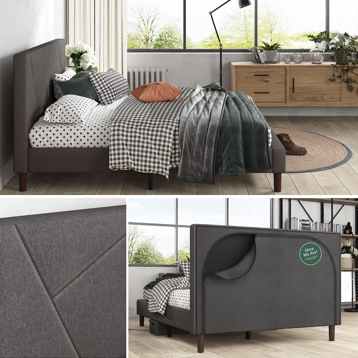 Zinus Judy Upholstered Platform Bed Frame, Mattress Foundation, Wood Slat Support, No Box Spring Needed, Easy Assembly, Queen