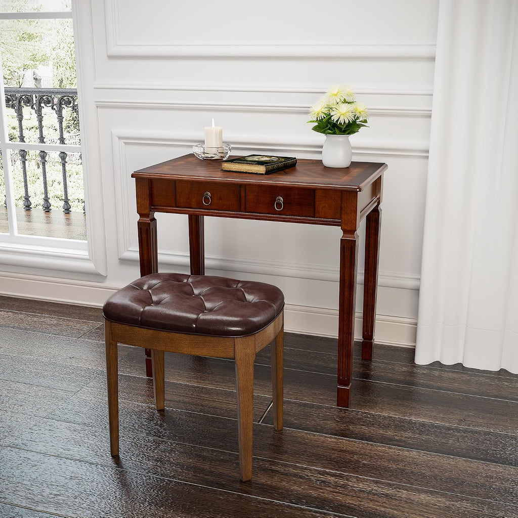 Biaco Small Wood Makeup Vanity Desk Set, Vintage Dressing Vanity Table Set with 2 Drawers & Matching Padded Bench Stool Writing Desk with Button Tufted Cushioned Stool, Cherry&Wine Red