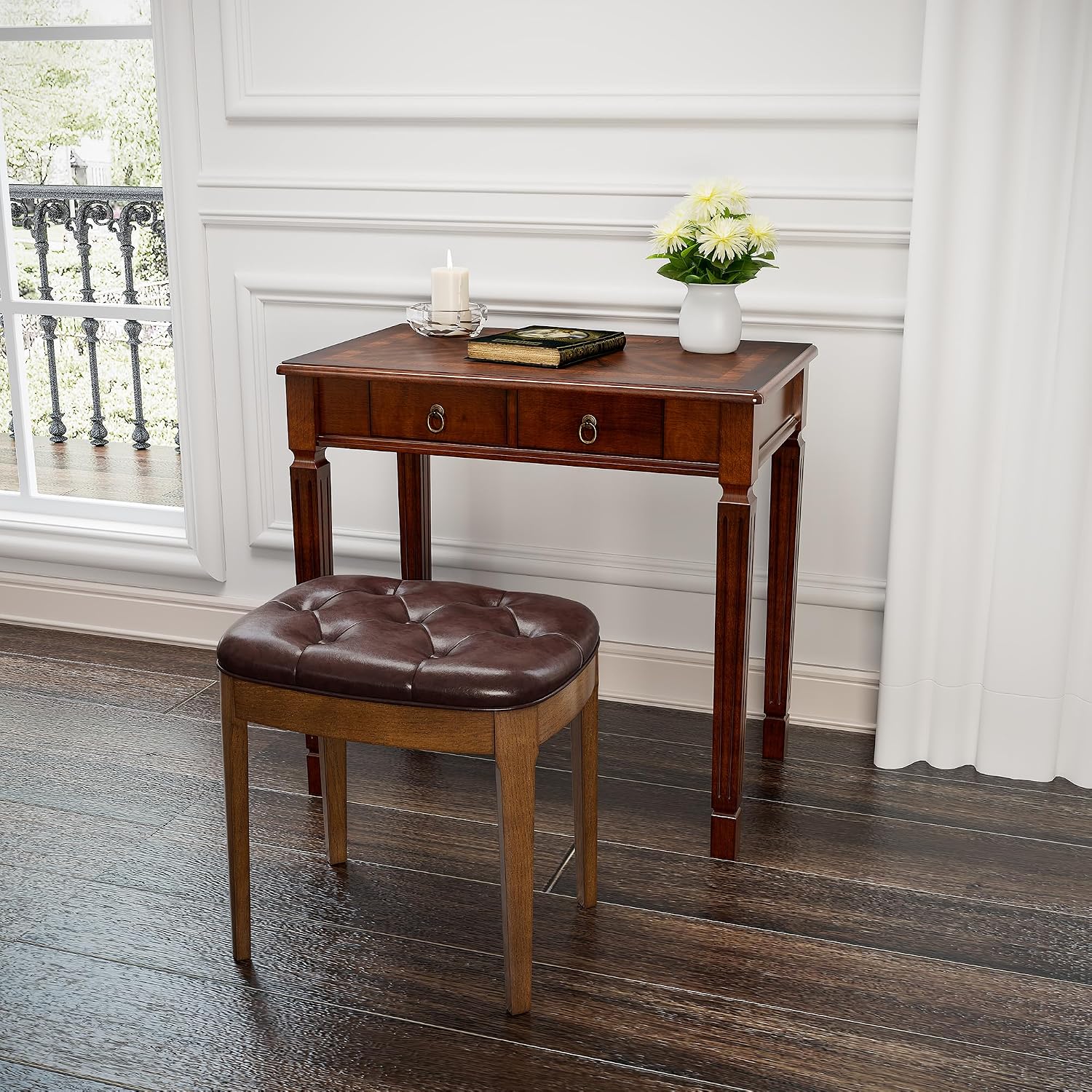 Biaco Small Wood Makeup Vanity Desk Set, Vintage Dressing Vanity Table Set with 2 Drawers & Matching Padded Bench Stool Writing Desk with Button Tufted Cushioned Stool, Cherry&Wine Red