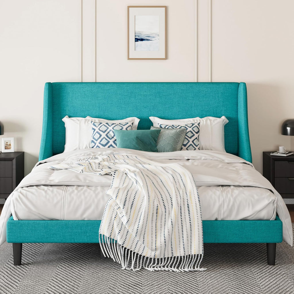 SHA CERLIN Upholstered Bed Frame King Size with Streamlined Wingback Headboard, Breathable Linen Fabric, Solid Wooden Slats, Easy Assembly, Blue