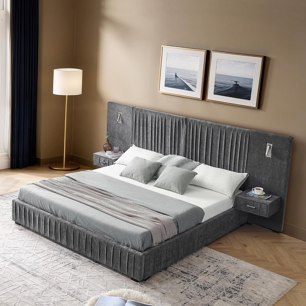 Queen Size Upholstered Platform Bed Frame with Headboard & Built-in Nightstand, Luxury Bed Frame for Modern Bedroom Sets, No Box Spring Needed, Stable & Adjustable Lighting(Dark Grey)