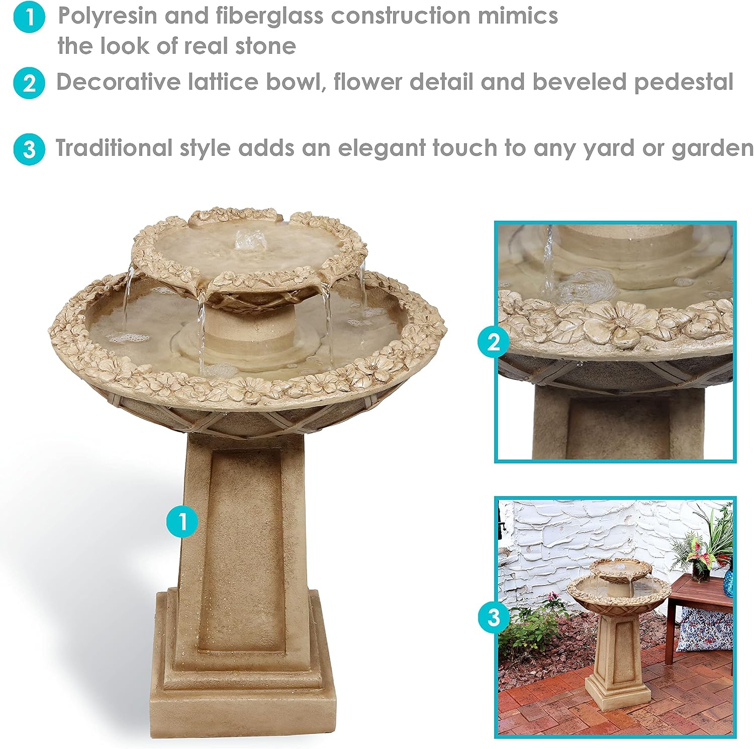 Sunnydaze Beveled Flower 28-Inch 2-Tier Outdoor Water Fountain - Backyard Water Feature & Bird Bath for Patio, Yard or Deck