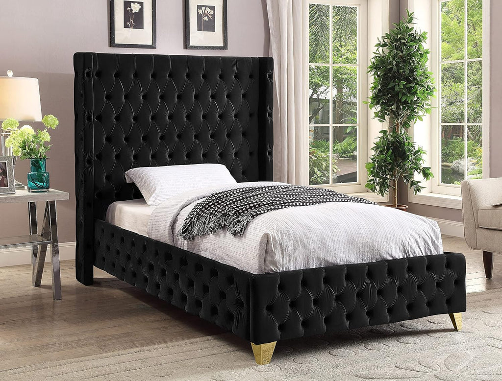 Meridian Furniture SavanBlack-T Savan Collection Modern | Contemporary Velvet Upholstered Bed with Deep Button Tufting in Gold or Chrome Finish, 50' W x 81' D x 56' H, Black, Twin