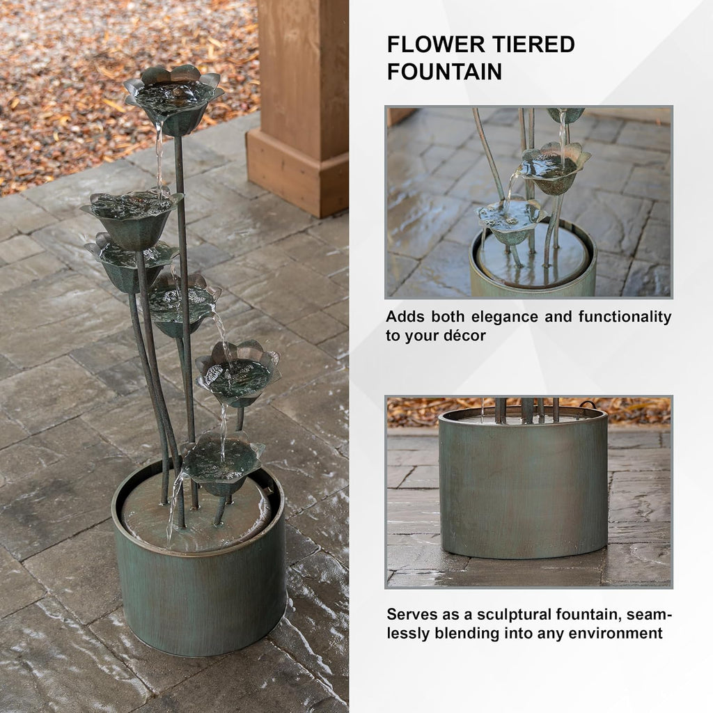 XBrand 35' Tall Silver Metal Sculptural Flower Multi-Tier Freestanding Water Fountain for Indoor & Outdoor Use, Decorative Garden Patio Backyard Water Feature