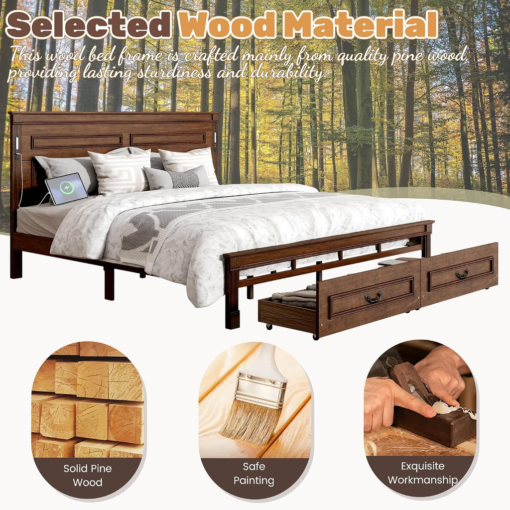 King Bed Frame with 46' Tall Headboard, Farmhouse Solid Wood King Size Platform Bed with 2 Storage Drawers,LED Lights & USB Charging Station,No Box Spring Needed, Walnut