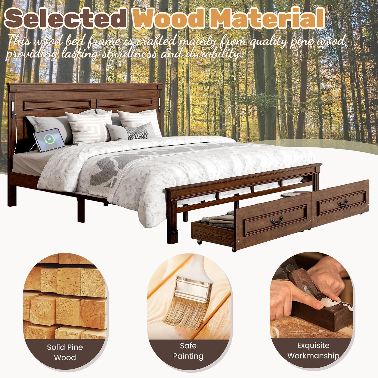King Bed Frame with 46' Tall Headboard, Farmhouse Solid Wood King Size Platform Bed with 2 Storage Drawers,LED Lights & USB Charging Station,No Box Spring Needed, Walnut