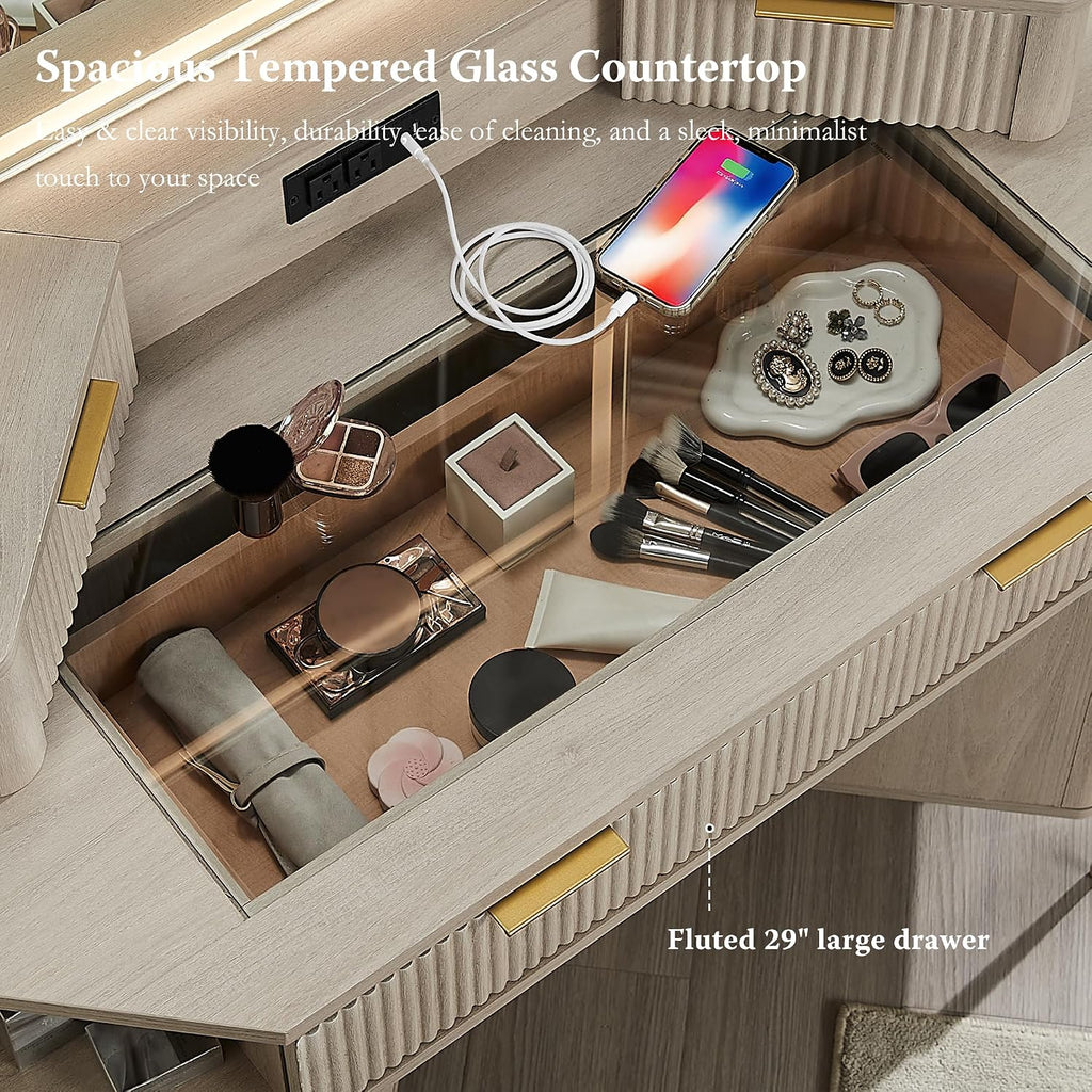 T4TREAM 48' Fluted Makeup Vanity Desk with HD Triple Mirror and Lights, Large Lighted Corner Vanity with Glass Top, Modern Dressing Table with 3 Drawers & 2 Cabinets for Bedroom, White Alder