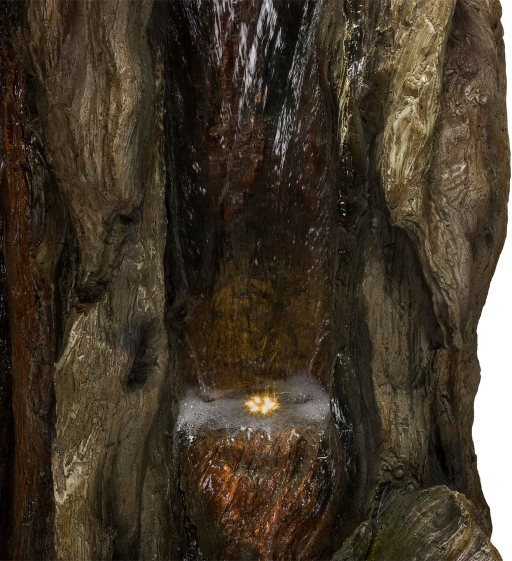 Alpine Corporation 62' Rustic Outdoor Tree Trunk Waterfall Fountain with LED Lights – Natural Wood-Look Water Feature for Gardens, Patios, Yards, and Landscaping Decor, Resin