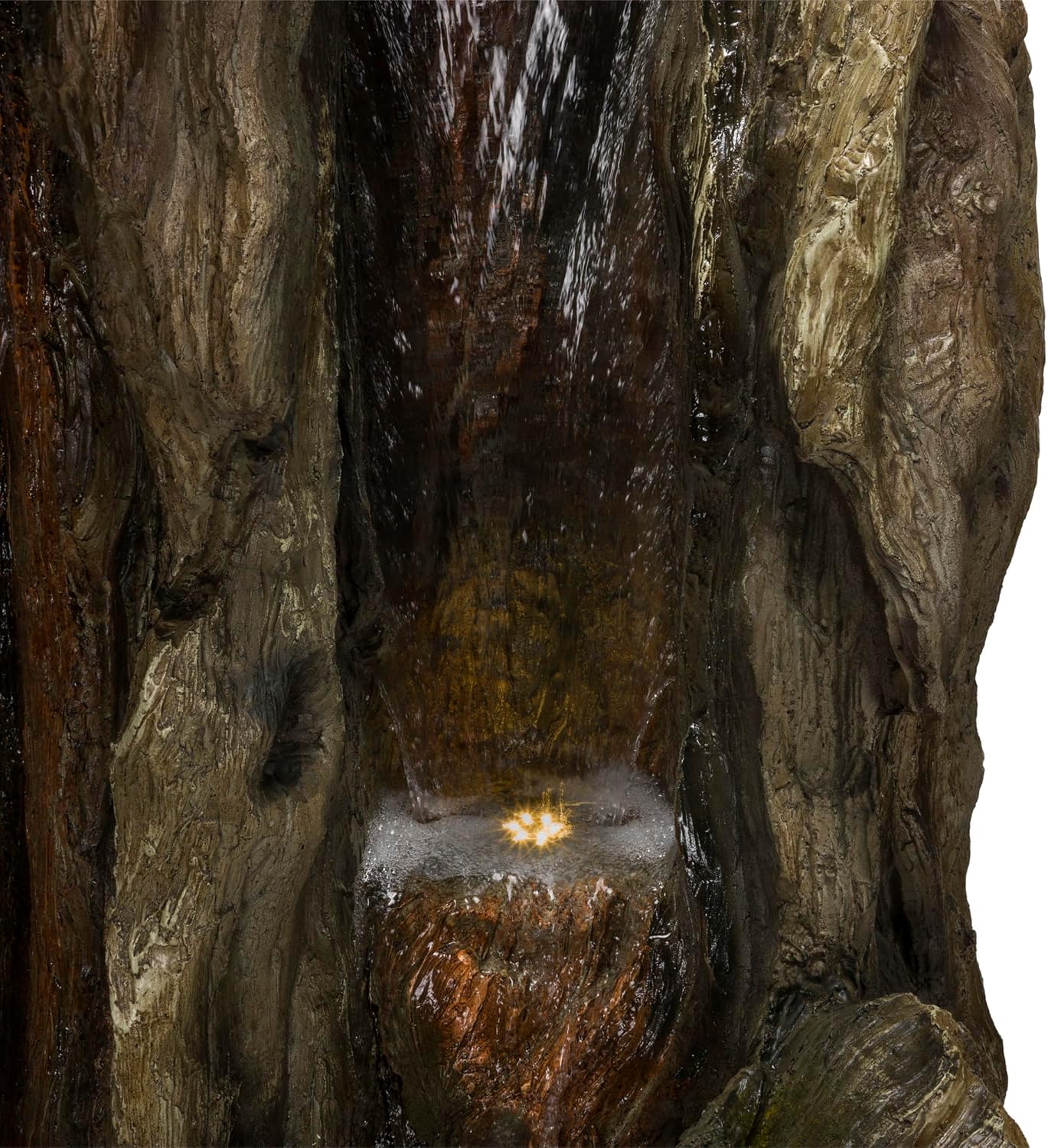 Alpine Corporation 62' Rustic Outdoor Tree Trunk Waterfall Fountain with LED Lights – Natural Wood-Look Water Feature for Gardens, Patios, Yards, and Landscaping Decor, Resin