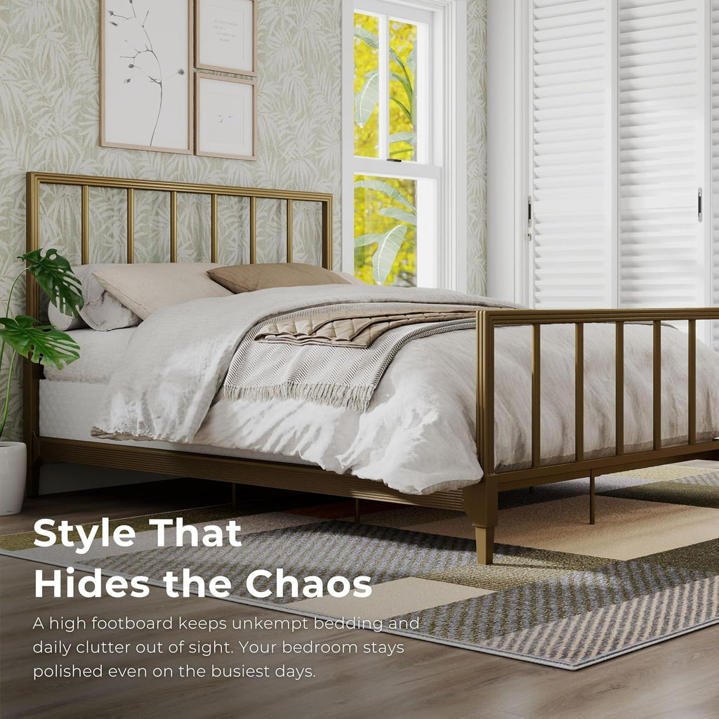 Furniture of America Blair Modern Metal Full Size Bed Frame with Subtle Reeded Lines, Sturdy Bedframe for Bedroom, Guest Room, Box Spring Required, Gold