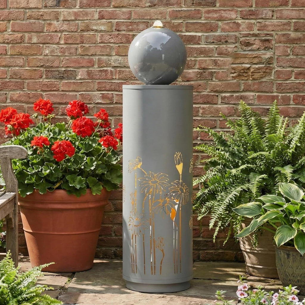 Merax 34.25' H Light Gray Metal Cutout Outdoor Water Fountain with LED Lights, Modern Freestanding Sphere-Top Water Feature for Patio Garden Backyard Decor