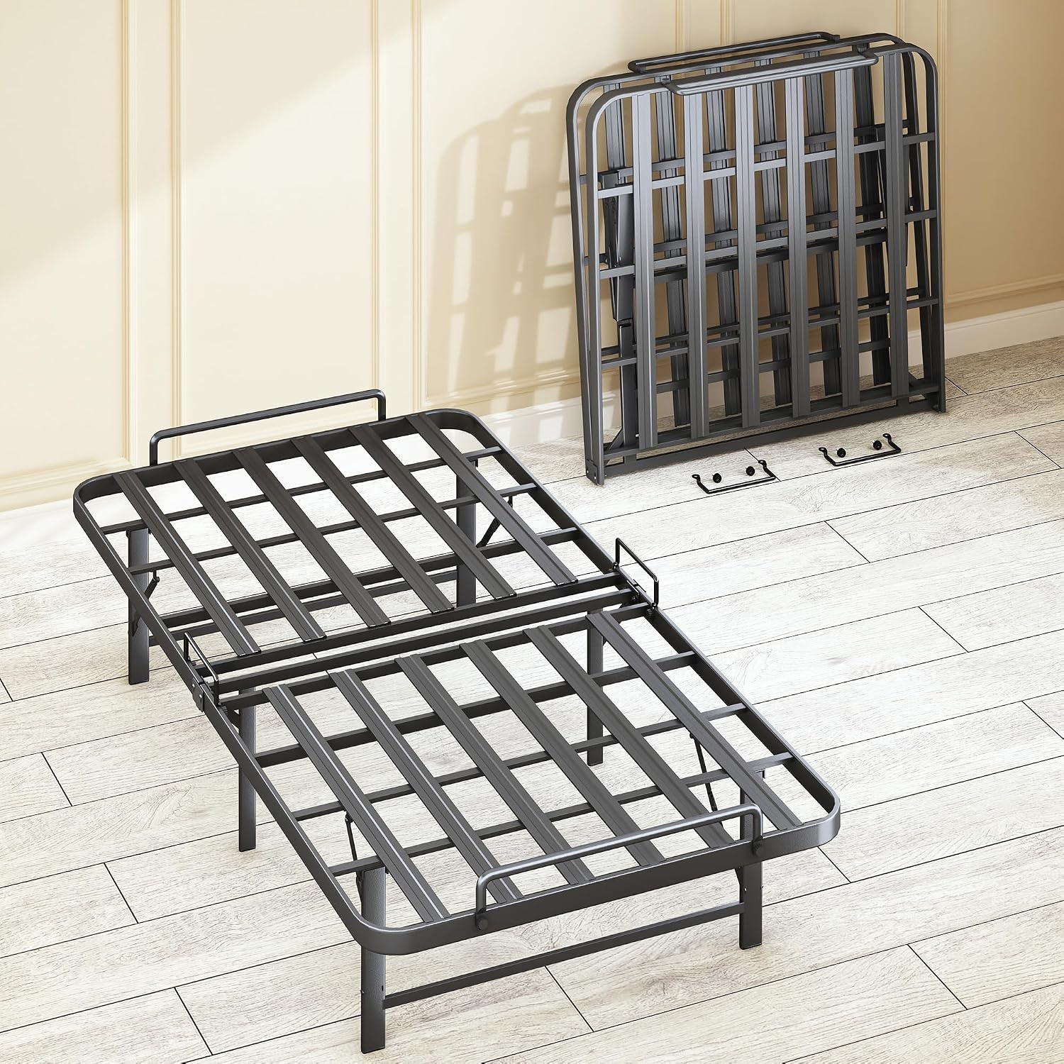 Foldable Twin Bed Frame,Folding Twin Bed Frame, 14 Inch Heavy Duty Metal Platform Bed, Sturdy Steel Bed Frames, Portable Bed, Tool-Free,Easy Assembly, No Box Spring Needed,Noise Free,Black