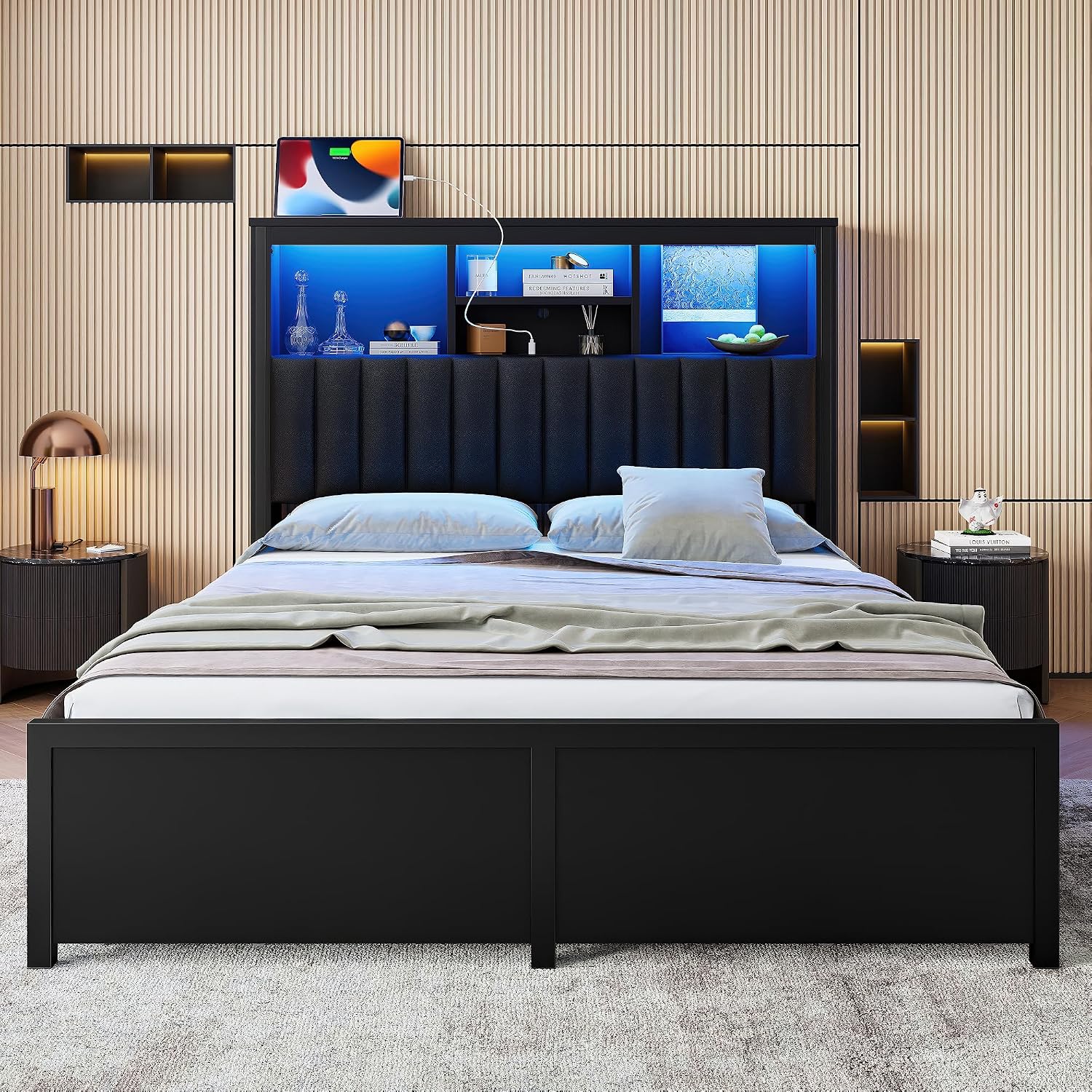 Queen Bed Frame with Storage Drawers & High Storage Headboard, Metal Queen Bed Frame with Headboard, LED light & Charging Station, Platform Bed Frames Queen Size, No Box Spring Needed, Black
