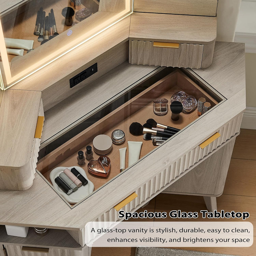 T4TREAM Fluted Makeup Vanity Desk with 3 Way Mirror and Lights, 48' Large Corner Vanity Table with Glass Top, Charging Station, 3 Drawers, Storage Cabinets & Shelves, for Bedroom, White Alder