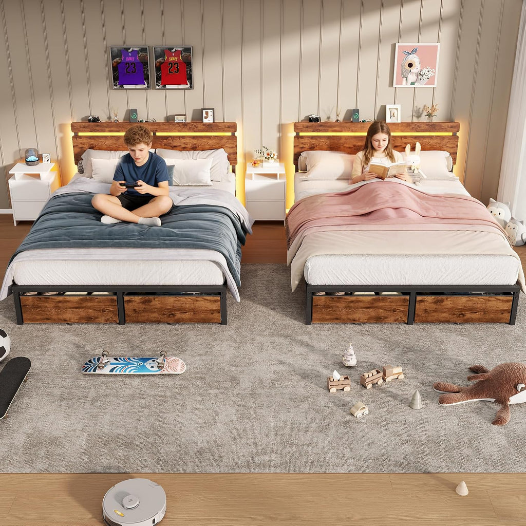 Forestell Full Size Bed Frame with Wood Headboard, Metal Platform Bed with 2 Storage Drawers & Shelf, Built in Charging Station & LED Lights, No Box Spring Needed, Vintage Brown, Camas Full