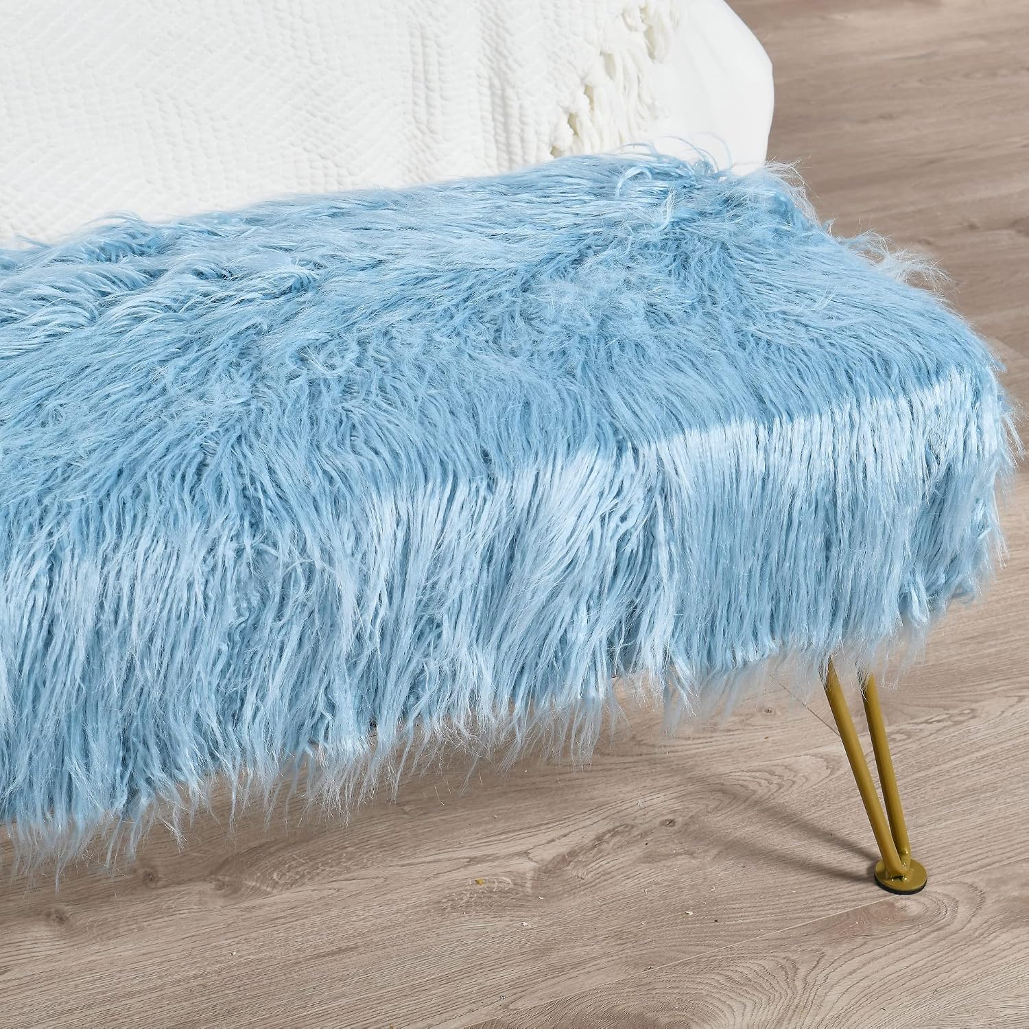 Blue Soft Plush Faux Fur Ottoman Entryway Bench Furry Footrest Stool 46'x16'x17' Sturdy Accent Long Bench for Bedroom End of Bed Vanity Closet Fuzzy Coffee Table for Living Room with Gold Legs