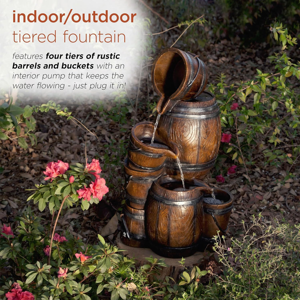 Alpine Corporation ZEN409S Outdoor Rustic 4-Tiered Barrels and Buckets Water Floor Fountain - Farmhouse Style, 24 Inch Tall, Brown
